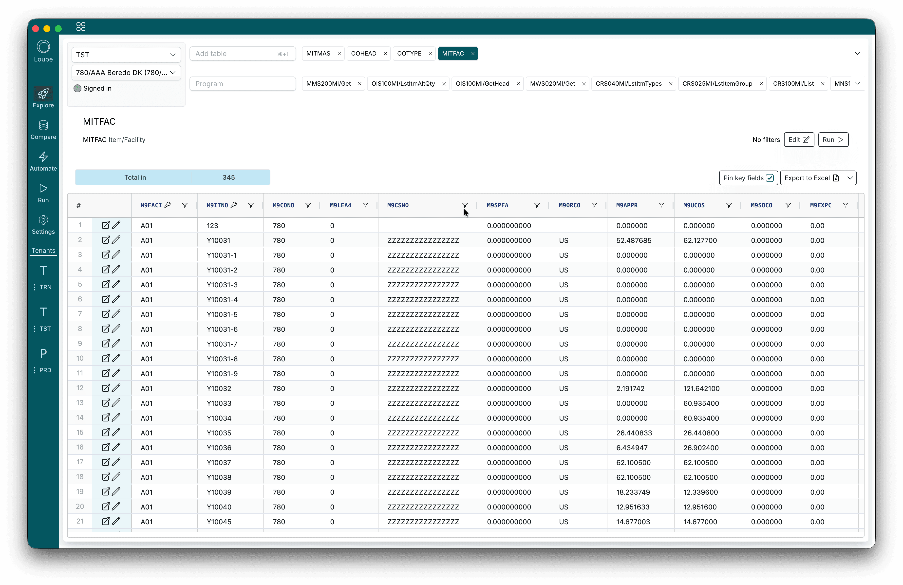 Loupe Explore showing the M3 table MITFAC with filters and live data