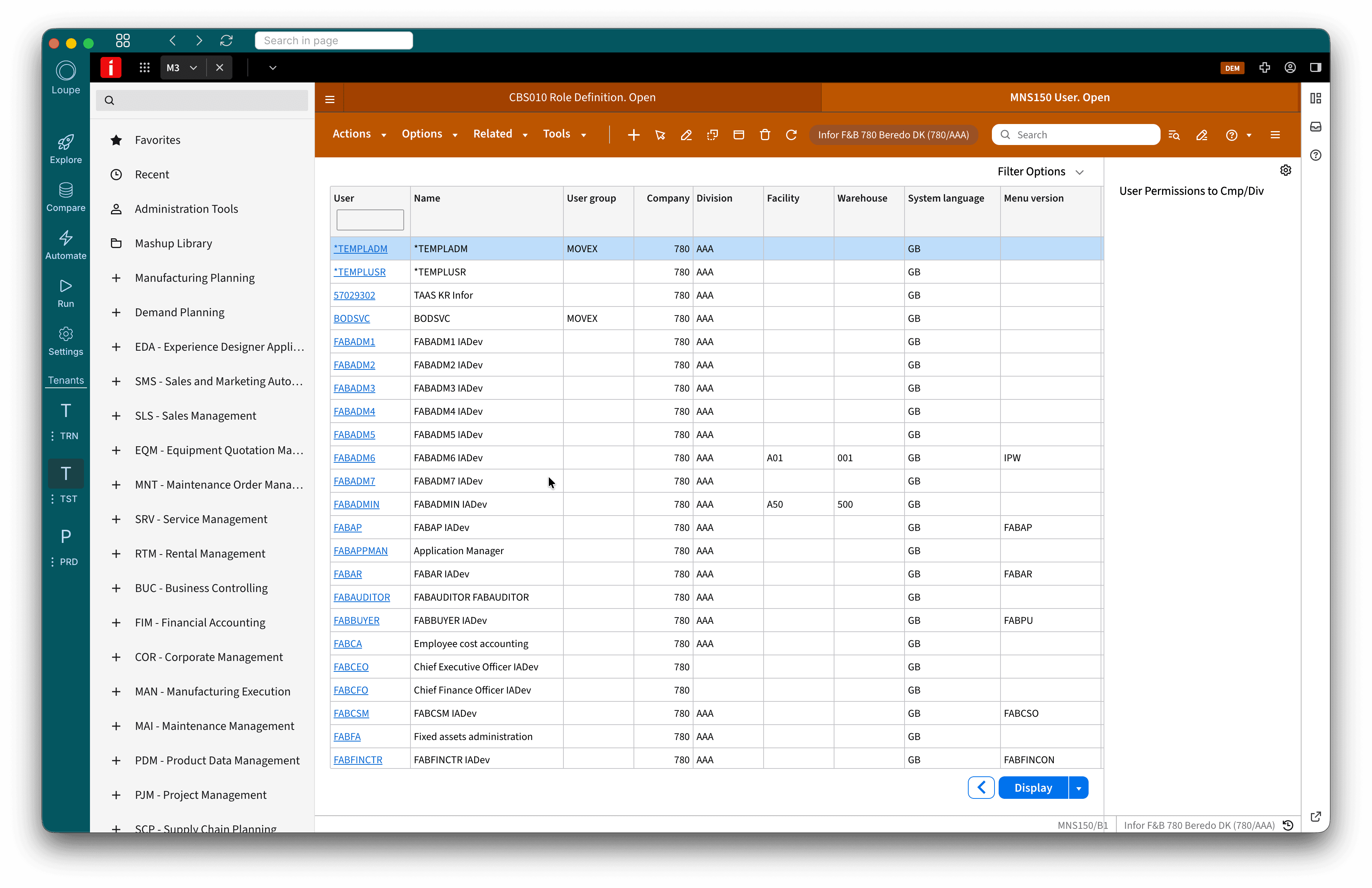 Infor M3 open inside Loupe, with the TRN, TST and PRD environments in the sidebar